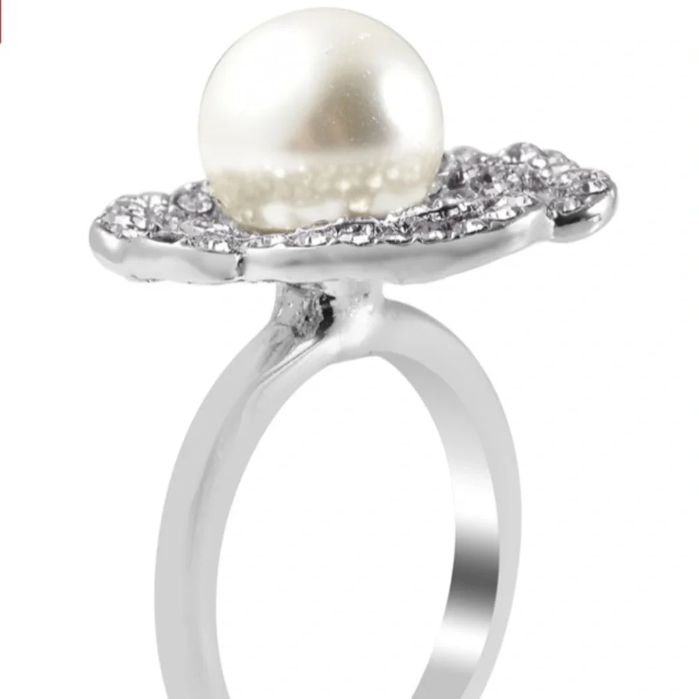 Simulated Pearl/ White Crystal Ring and Earring Set